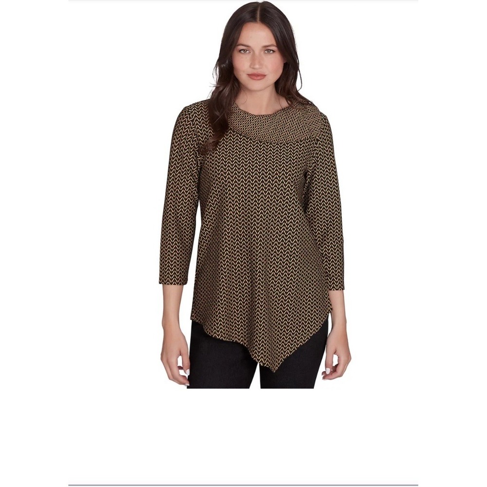 Ruby Rd 3/4 Sleeve Blouse XL Tan Black Split Cowl Neck Textured Asymmetrical Hem